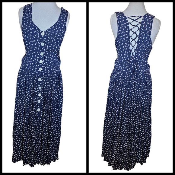 Vintage Dresses & Skirts - VTG 90s Size‎ M Navy Floral Shirt Dress Long Maxi Sleeveless Rayon Laceup Back